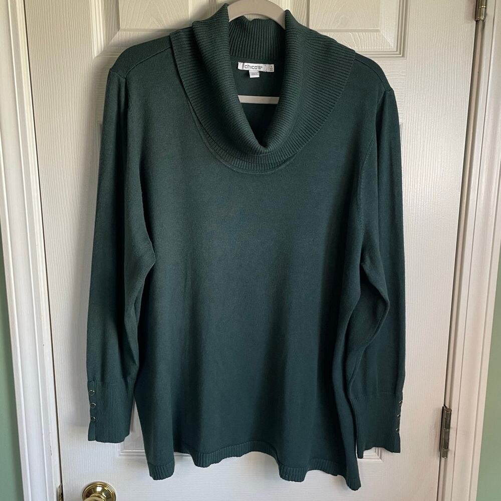 Chico’s Cowl Neck Sweater Sz XXL Long Sleeve Button Detail Dark Green Cozy